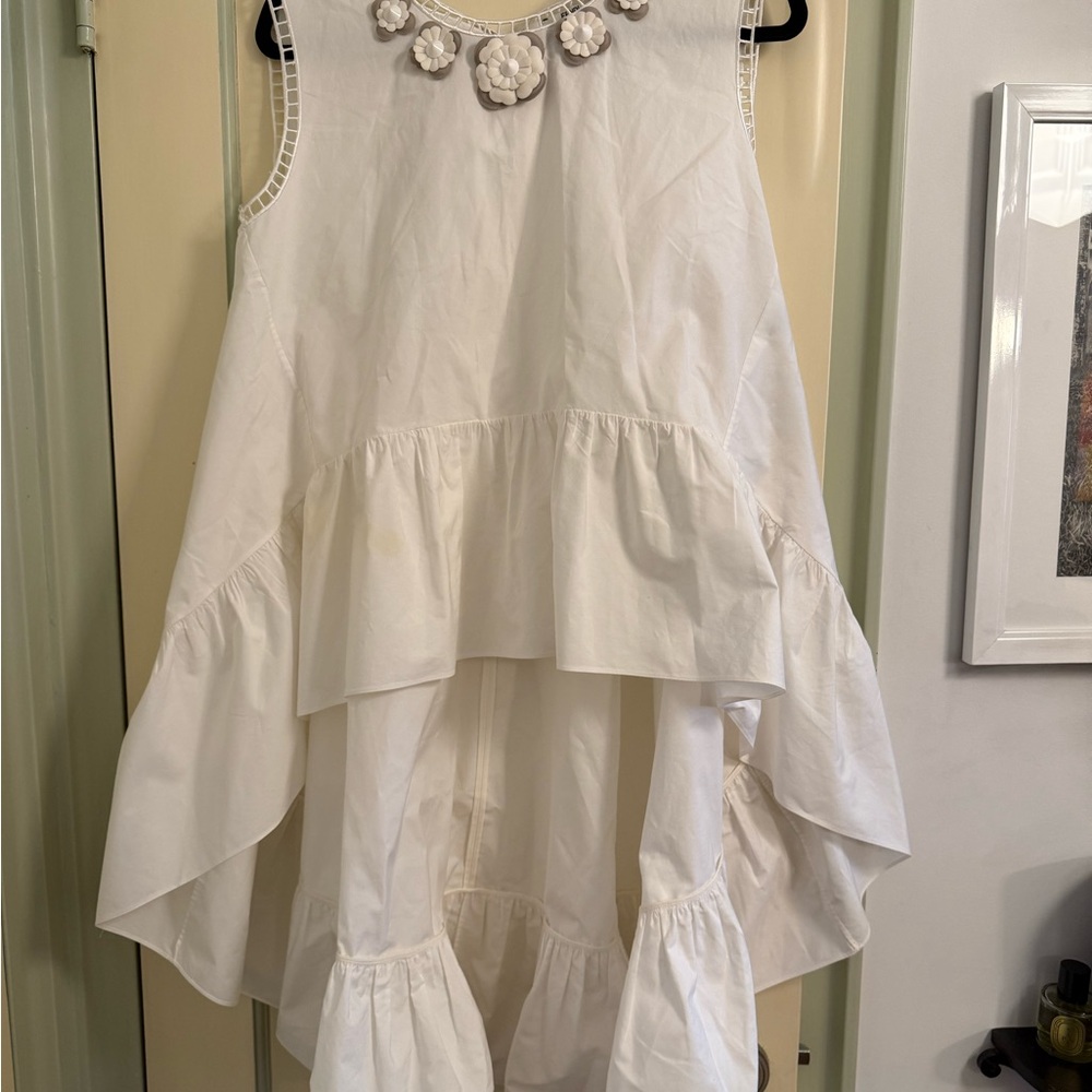 Fendi: White Sleeveless Ruffle Dress with Floral Accents